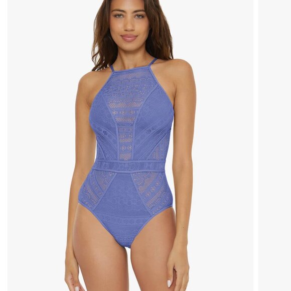 BECCA SWIM Color Play High Neck One Piece Swimsuit Blue Crochet Size Medium - Picture 1 of 10